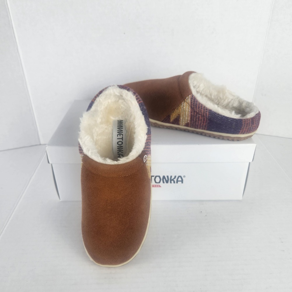 Minnetonka Tahoe Clog Brown Multi Suede Faux Fur Slippers 40132 Womens Size 5M